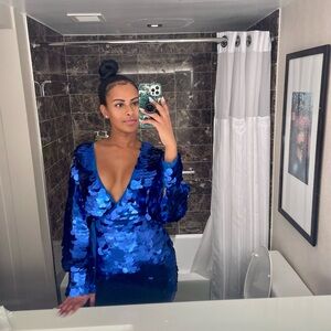 Blue Sequin V-Neck Dress